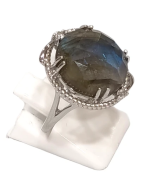 Bague Labradorite Topaze Blanche Rondes Facettées Argent 925 Ciselé Taille 54
