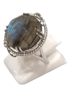Bague Labradorite Topaze Blanche Rondes Facettées Argent 925 Ciselé Taille 54