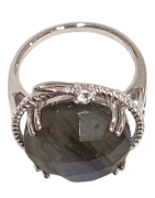 Bague Labradorite Topaze Blanche Rondes Facettées Argent 925 Ciselé Taille 54