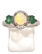 Bague Opale Ovale Emeraude et Topaze Blanche Facettées Argent 925 Taille 59