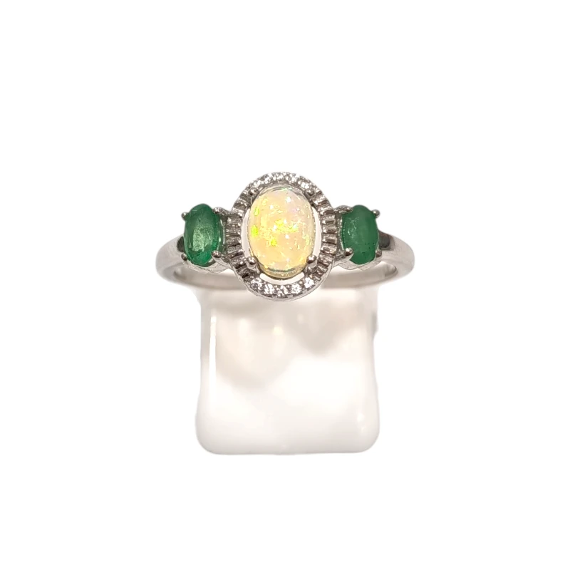 Bague Opale Ovale Emeraude et Topaze Blanche Facettées Argent 925 Taille 59