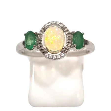 Bague Opale Ovale Emeraude et Topaze Blanche Facettées Argent 925 Taille 59