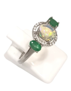 Bague Opale Ovale Emeraude et Topaze Blanche Facettées Argent 925 Taille 59