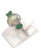 Bague Opale Ovale Emeraude et Topaze Blanche Facettées Argent 925 Taille 59