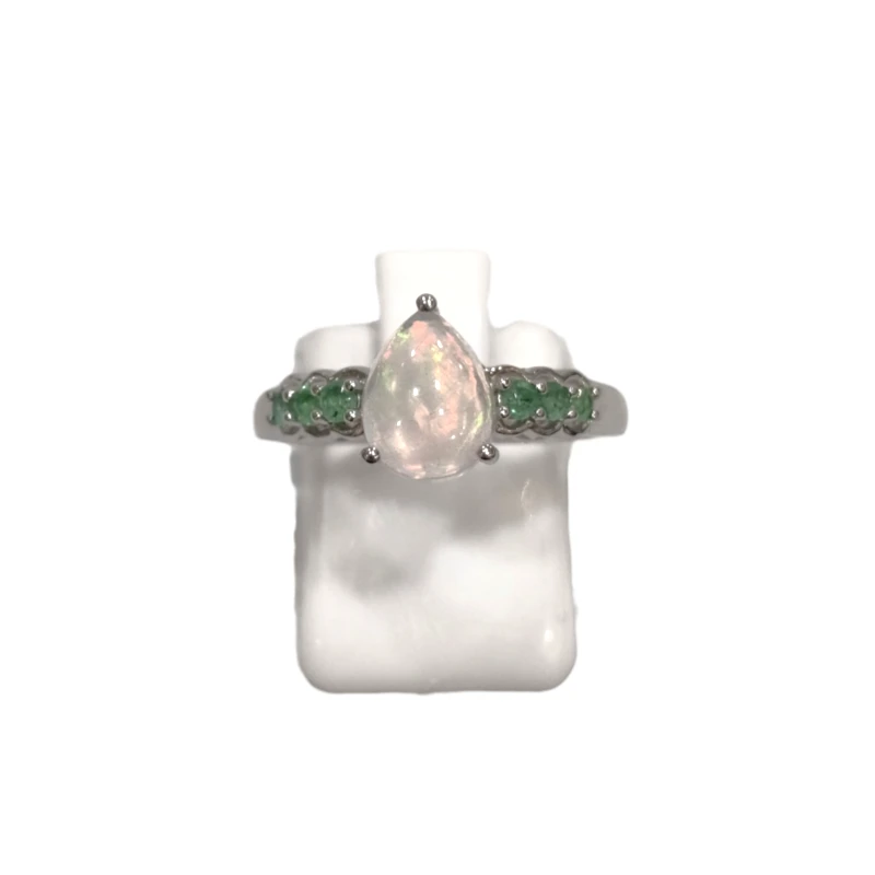 Bague Opale Goutte Emeraude Ronde Facettée Argent 925 Taille 54+