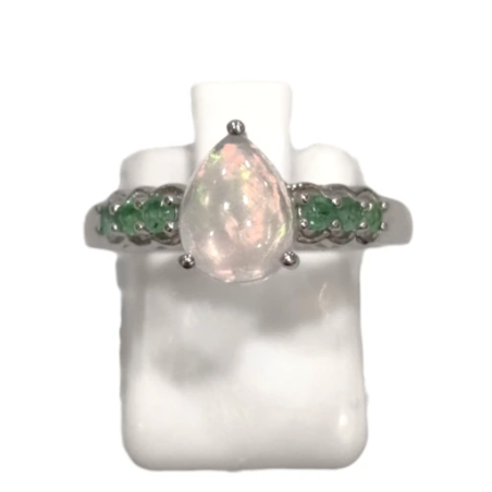 Bague Opale Goutte Emeraude Ronde Facettée Argent 925 Taille 54+