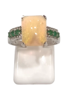 Bague Opale Rectangulaire Emeraude et Topaze Blanche Rondes Facettées Argent 925 Taille 55