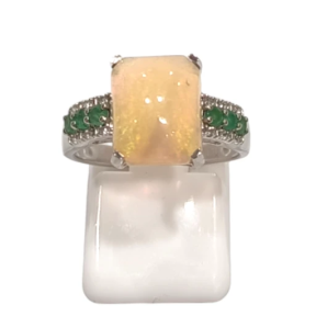 Bague Opale Rectangulaire Emeraude et Topaze Blanche Rondes Facettées Argent 925 Taille 55