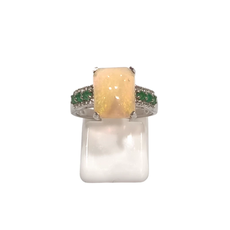 Bague Opale Rectangulaire Emeraude et Topaze Blanche Rondes Facettées Argent 925 Taille 55