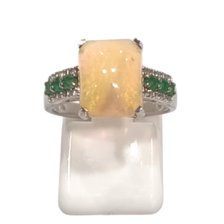 Bague Opale Rectangulaire Emeraude et Topaze Blanche Rondes Facettées Argent 925 Taille 55