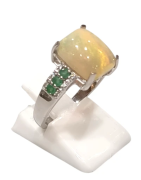 Bague Opale Rectangulaire Emeraude et Topaze Blanche Rondes Facettées Argent 925 Taille 55