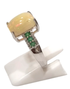 Bague Opale Rectangulaire Emeraude et Topaze Blanche Rondes Facettées Argent 925 Taille 55