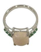 Bague Opale Rectangulaire Emeraude et Topaze Blanche Rondes Facettées Argent 925 Taille 55
