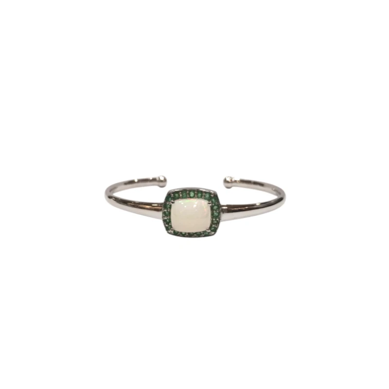 Bracelet Opale Rectangulaire et Emeraude Ronde Facettée Argent 925