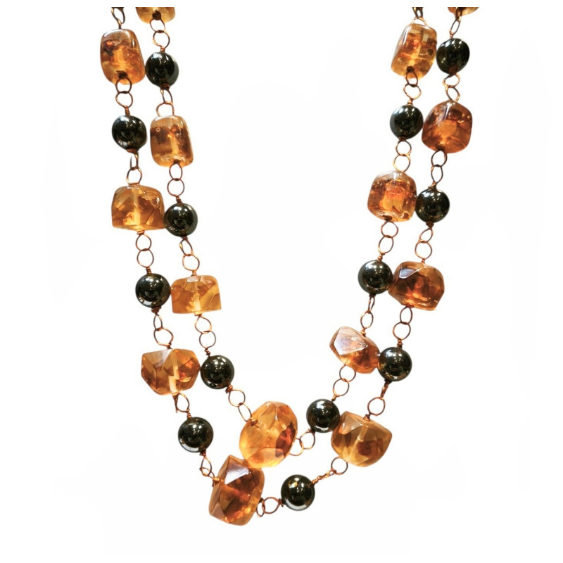 Collier Ambre et Hématite 6/10 mm Double Rangs Maillons Cuivre L100+ 5 cm