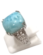 Bague Larimar Rectangulaire Argent 925 Ciselé Taille 59
