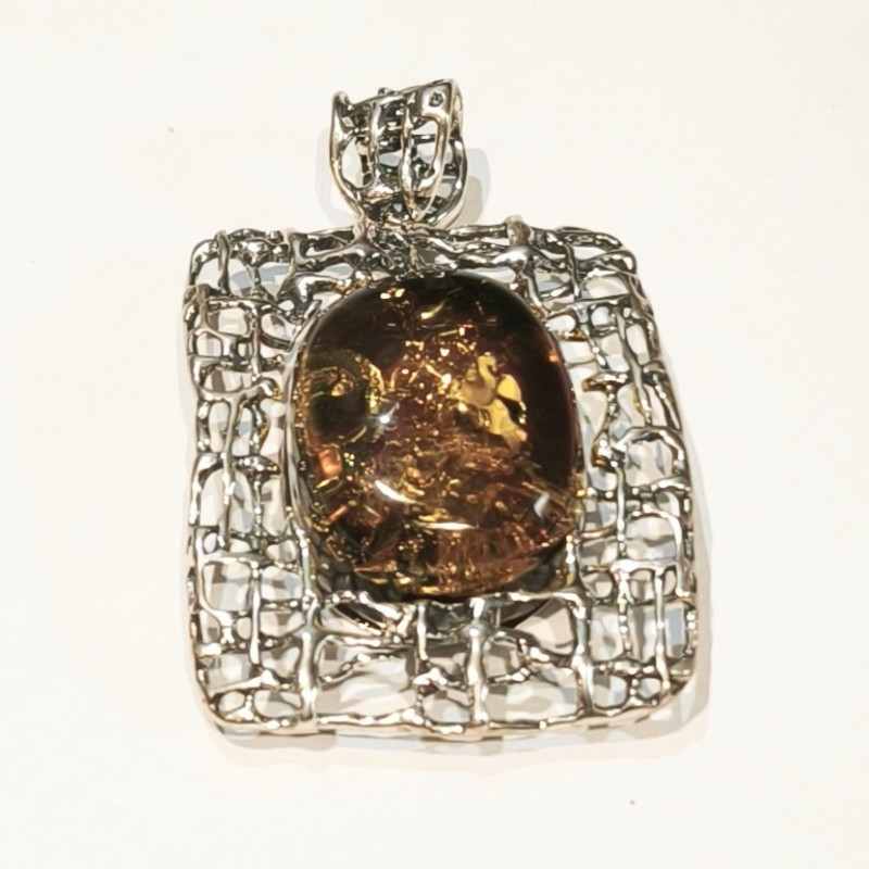 Pendentif Ambre Vert Argent 925 50x36 mm
