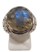 Bague Labradorite Ronde Facettée Argent 925 Ciselé Type Chevalière Taille 55