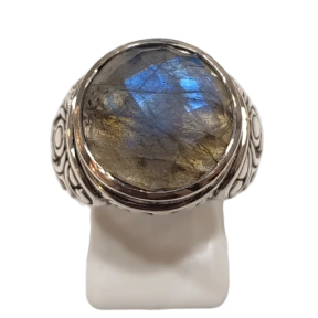 Bague Labradorite Ronde Facettée Argent 925 Ciselé Type Chevalière Taille 55