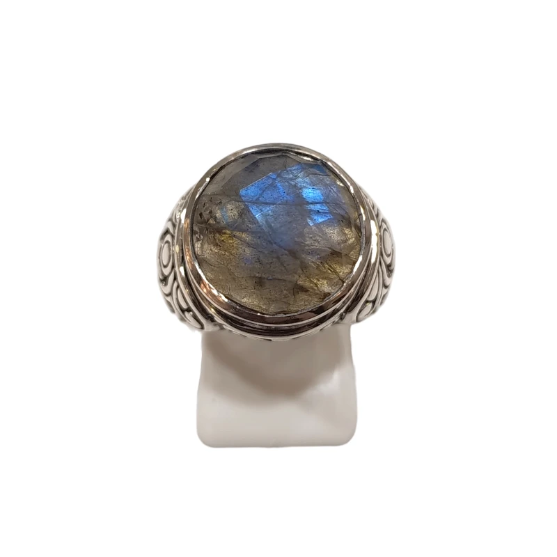 Bague Labradorite Ronde Facettée Argent 925 Ciselé Type Chevalière Taille 55