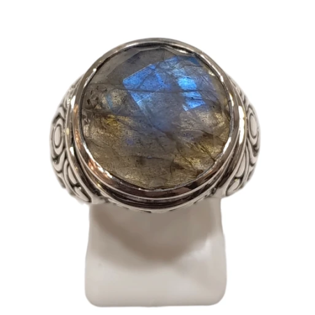 Bague Labradorite Ronde Facettée Argent 925 Ciselé Type Chevalière Taille 55