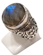 Bague Labradorite Ronde Facettée Argent 925 Ciselé Type Chevalière Taille 55