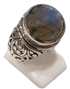 Bague Labradorite Ronde Facettée Argent 925 Ciselé Type Chevalière Taille 55