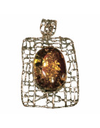 Pendentif Ambre Vert Argent 925 50x36 mm
