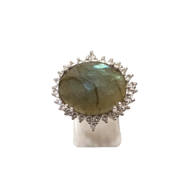Bague Labradorite Ovale Facettée Topaze Blanche Facettée Argent 925 Taille 56