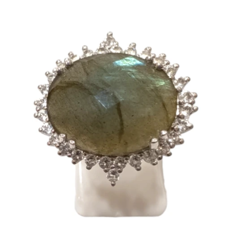 Bague Labradorite Ovale Facettée Topaze Blanche Facettée Argent 925 Taille 56