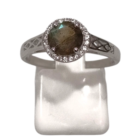 Bague Labradorite et Topaze Blanche Rondes Facettées Argent 925 Taille 58+