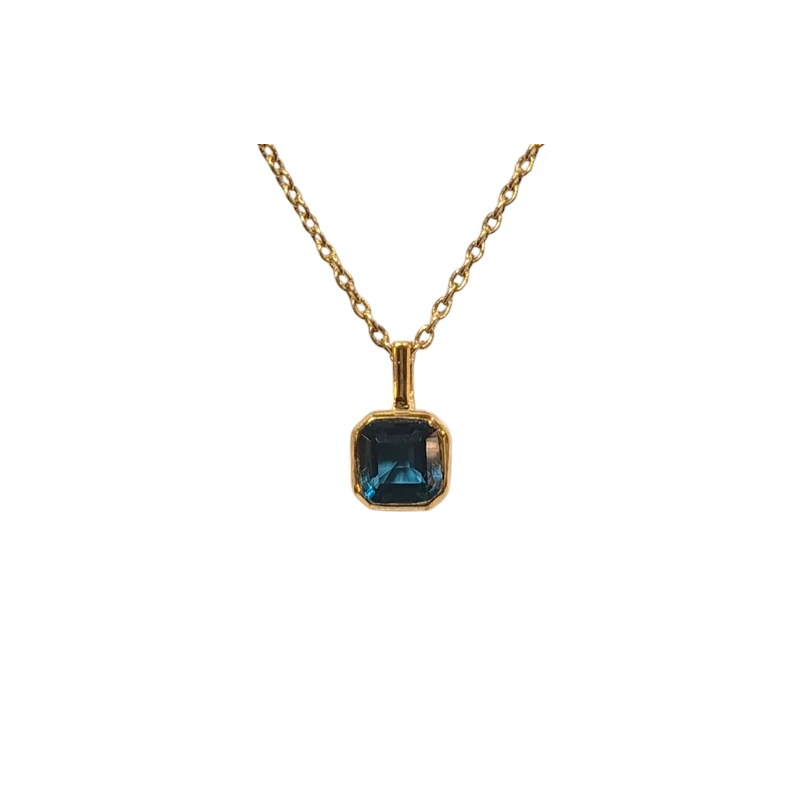 Pendentif Topaze Bleue de Londres Carrée Facettée avec Chaîne 40+4,5cm Argent 925 Plaqué Or "Vermeil"