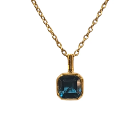 Pendentif Topaze Bleue de Londres Carrée Facettée avec Chaîne 40+4,5cm Argent 925 Plaqué Or "Vermeil"