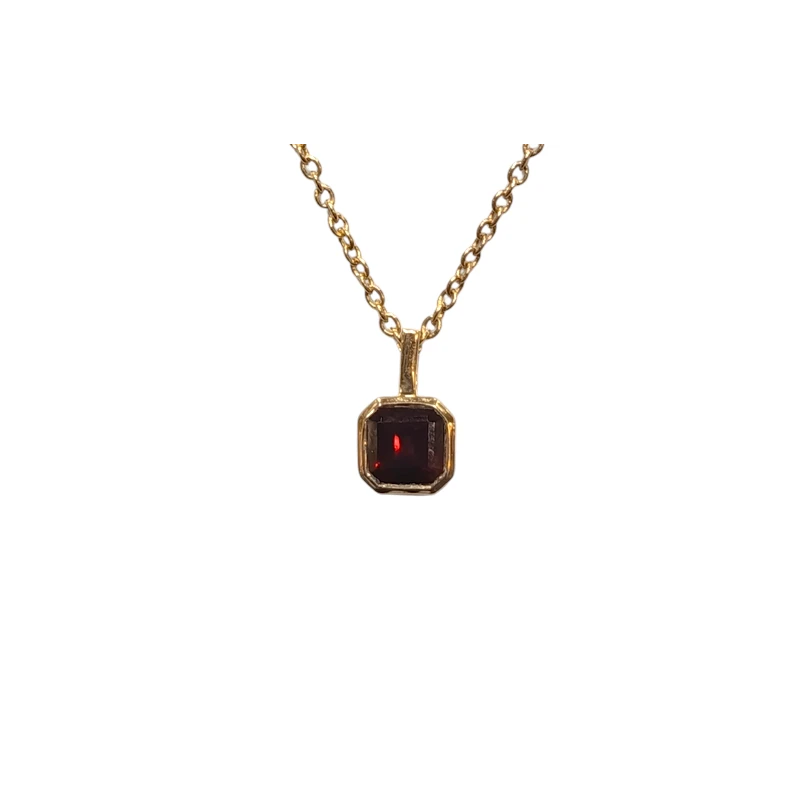 Pendentif Grenat Rouge Carré Facetté avec Chaîne 40+5cm Argent 925 Plaqué Or "Vermeil"
