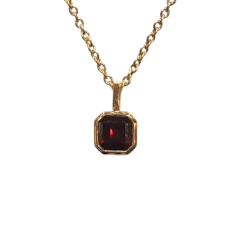 Pendentif Grenat Rouge Carré Facetté avec Chaîne 40+5cm Argent 925 Plaqué Or "Vermeil"