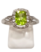 Bague Péridot Rectangulaire Facetté et Topaze Blanche Facettées Argent 925 Taille 59