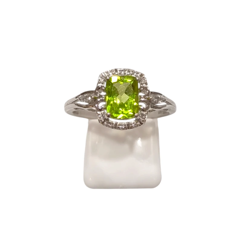 Bague Péridot Rectangulaire Facetté et Topaze Blanche Facettées Argent 925 Taille 59