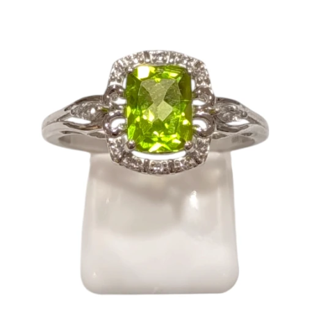 Bague Péridot Rectangulaire Facetté et Topaze Blanche Facettées Argent 925 Taille 59