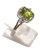 Bague Péridot Rectangulaire Facetté et Topaze Blanche Facettées Argent 925 Taille 59