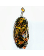 Pendentif Ambre Vert 7 cm Serti Argent 925 avec Chaîne Argent 925 64 cm