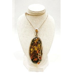 Pendentif Ambre Vert 7 cm Serti Argent 925 avec Chaîne Argent 925 64 cm
