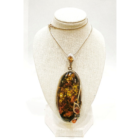 Pendentif Ambre Vert 7 cm Serti Argent 925 avec Chaîne Argent 925 64 cm