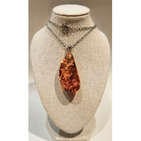 Pendentif Ambre Cognac Goutte avec Chaîne Acier 50 cm