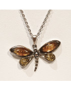 Pendentif Ambre Baltique et Ambre Vert Libellule avec Chaîne 40 cm Argent 925