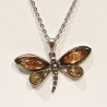 Pendentif Ambre Baltique et Ambre Vert Libellule avec Chaîne 40 cm Argent 925