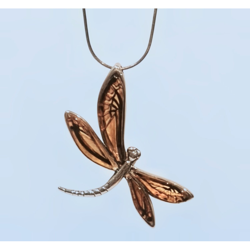 Pendentif Ambre Libellule avec Chaîne 46cm Tout Argent 925