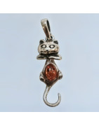 Pendentif Ambre Baltique Chat Argent 925
