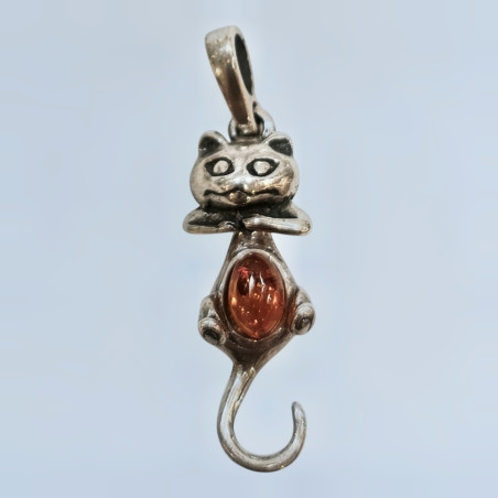 Pendentif Ambre Baltique Chat Argent 925