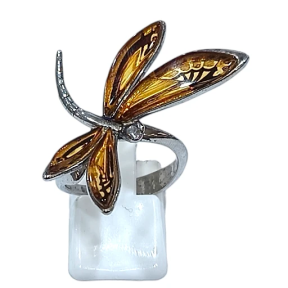 Bague Ambre baltique Libellule Argent 925 Taille 51+