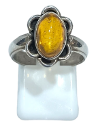 Bague Ambre Baltique Ovale (Fleur) Argent 925 Taille 56